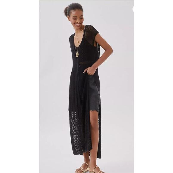 NWT Anthropologie Open Knit Side Slit Crochet Caftan Set Black 2 Piece Size L - Picture 2 of 4